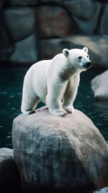 Polar bear on wet rock in captive aquatic habitat, side view