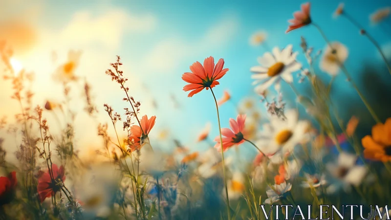 Wildflower meadow ablaze with golden sunlight cascading through blooming petals.