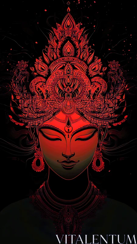 Ornate red goddess portrait rendered in high-contrast digital style