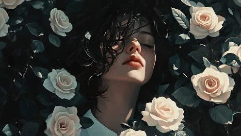 Woman with closed eyes framed by pale roses and leaves.