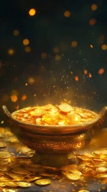 Gilded ceremonial bowl overflows with glowing enchanted coins