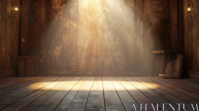 Warm spotlight on empty rustic wooden interior stage.