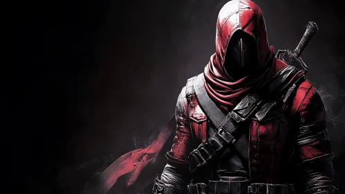 Hooded red assassin in tactical armor against dark void.