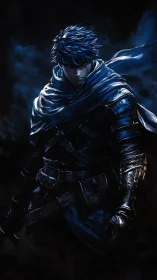 Brooding armored swordsman in dark blue lighting portrait.