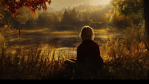 Solitary figure seated by lake facing distant house at dusk.