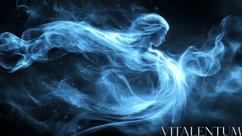 Ethereal blue spirit forms luminous woman in cosmic void