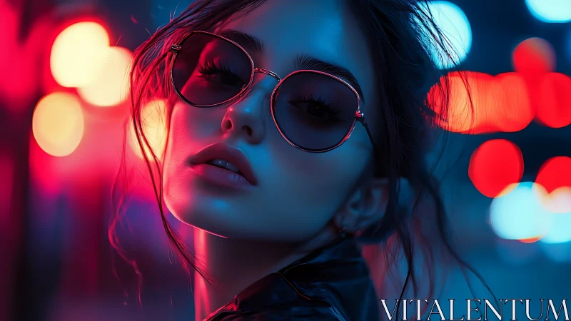 Neon-lit portrait with sunglasses and cinematic blue glow.
