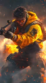 Tactical marksman in yellow hoodie amid explosive firefight