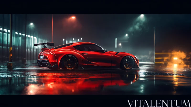 Red sports coupe on wet urban street at night in profile view.