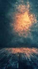 Weathered wooden floor reflects warm light on cracked wall