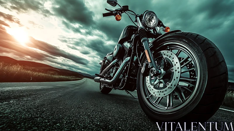 Low angle view of cruiser motorcycle on empty road.
