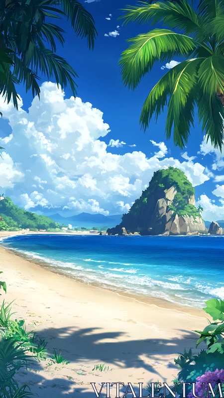 Tropical Beach Cove With Rocky Island and Palm Trees