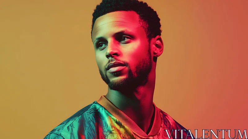 Portrait shows man under vivid red green studio lighting