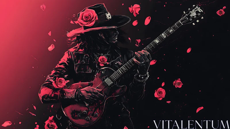 Rock guitarist silhouette with roses in vivid red glow.
