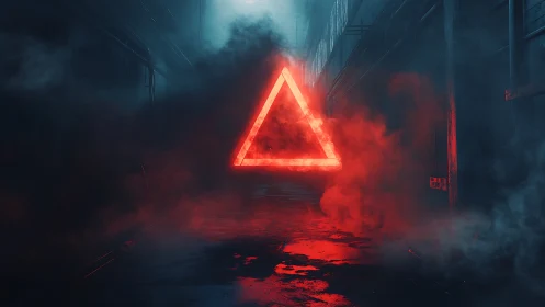 Glowing red triangle in dark industrial alley at night.