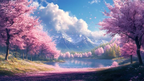 Cherry blossom lake reflects distant snow covered mountain range