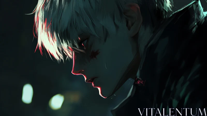 Brooding white haired boy in moody city lights at night.