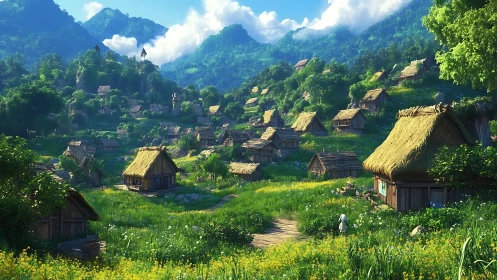 Sunlit mountain village with verdant fields and thatched roofs.