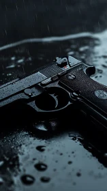 Photorealistic pistol macro on wet reflective surface in rain.