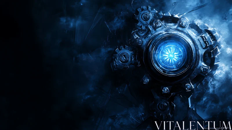 Starlit mech core pulsing in frozen industrial night.