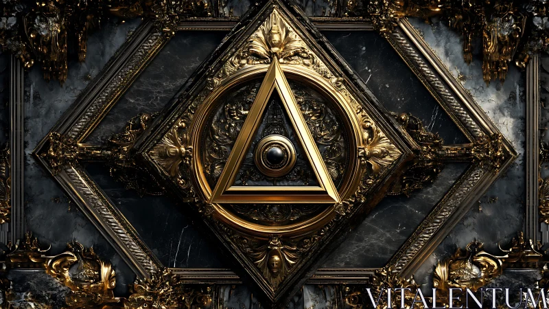 Ornate golden triangle emblem within dark baroque frame.