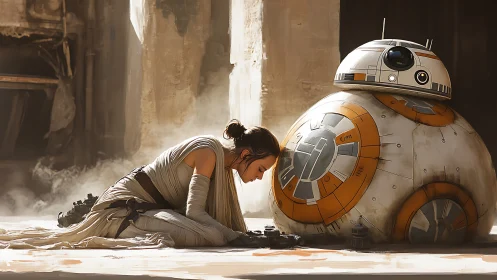 Woman resting head against round droid in sunlit ruin.