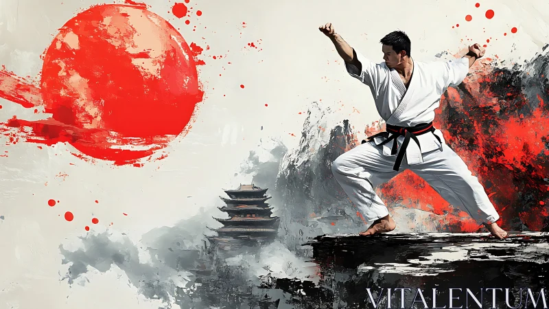 Martial artist on cliff with red sun and distant pagoda.