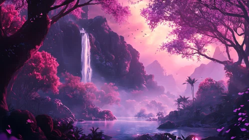 Enchanted violet waterfall glows in a dreamlike forest valley.