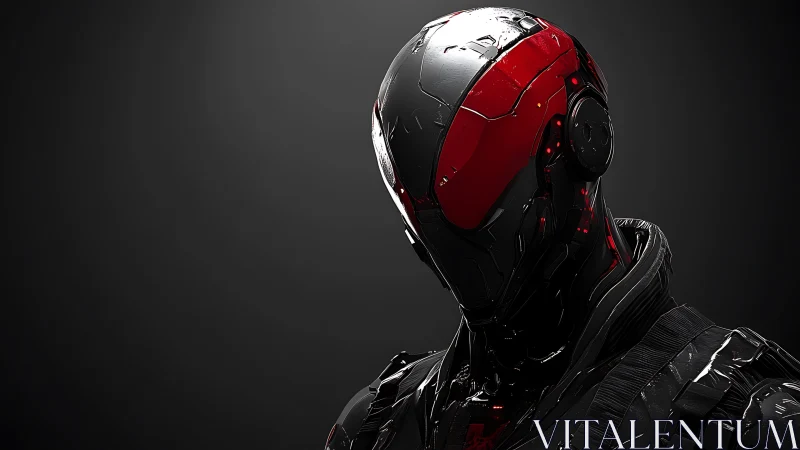 Futuristic combat android with glossy red black armor