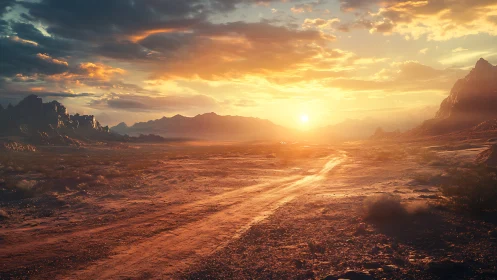 Sunlit desert valley renders volumetric light over arid plain