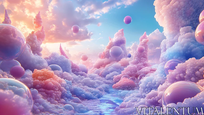 Layered pastel cloudscape with floating reflective spheres.