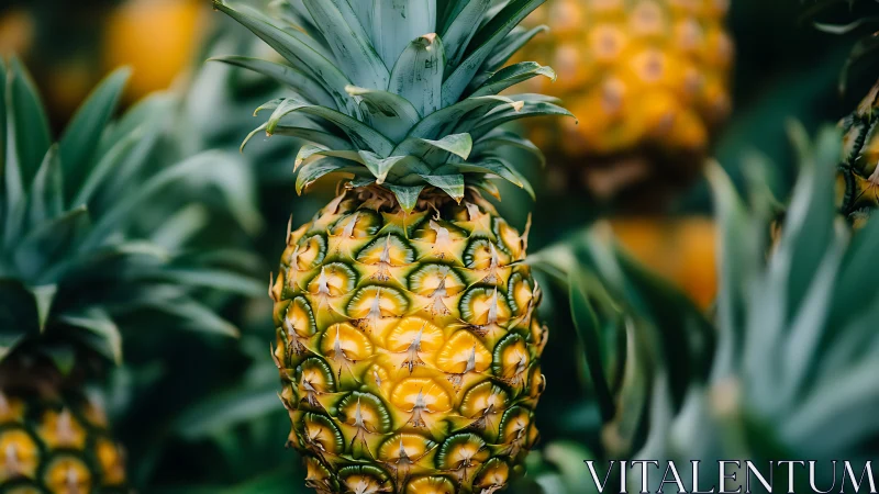 Ripe pineapple glows amid lush green leaves in soft focus.