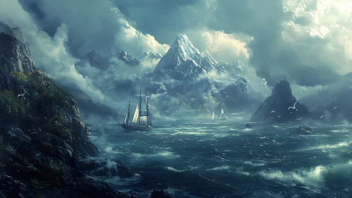 Storm-kissed sailing ships meet towering icy coastal mountains