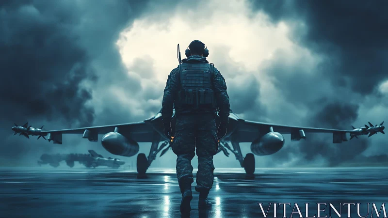 Stormlit pilot strides toward a waiting steel-winged thunderbird