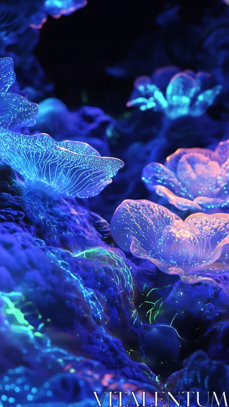 Bioluminescent coral forest with glowing jelly blooms.