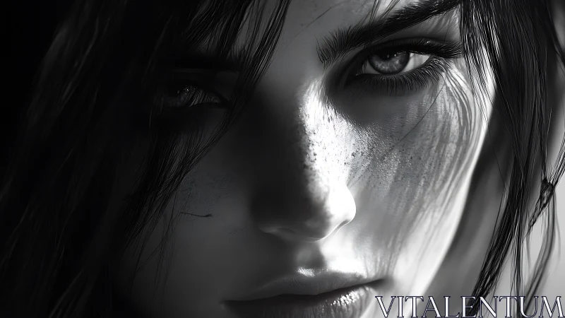 Grit-lit eyes hold the viewer in stark monochrome silence