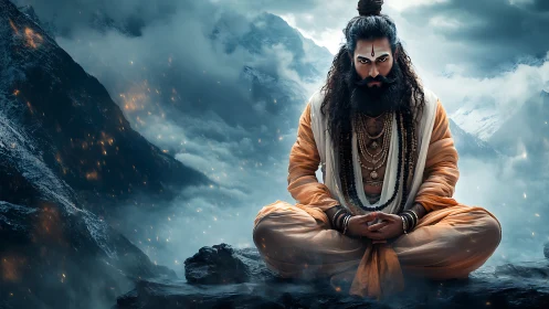 Meditating ascetic yogi in icy Himalayan storm with embers suspended