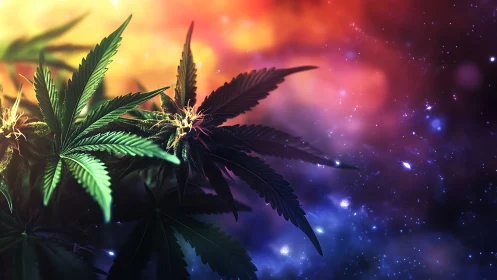Cannabis leaves against vivid cosmic nebula background.