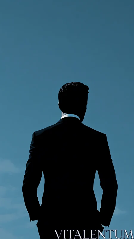 Silhouetted suit quietly measures the endless blue skyline