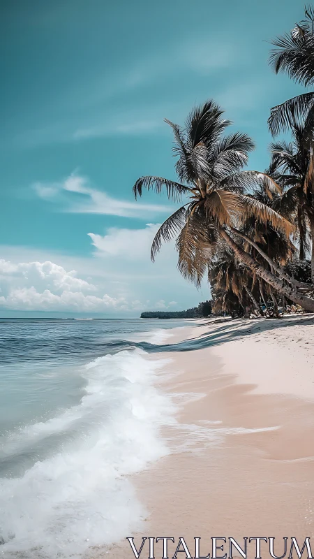 Coastal palm shoreline in vertical photorealistic composition.
