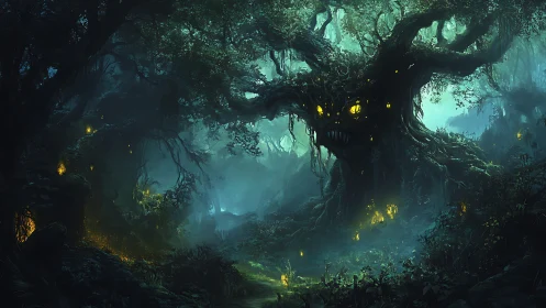 Night-root colossus broods over a lantern-lit haunted wood.