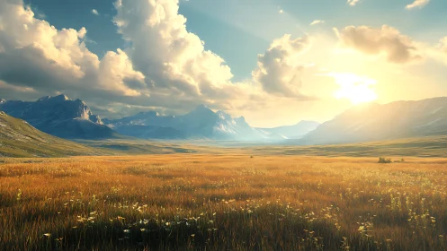 Sunlit mountain meadow stretches toward a glowing high horizon