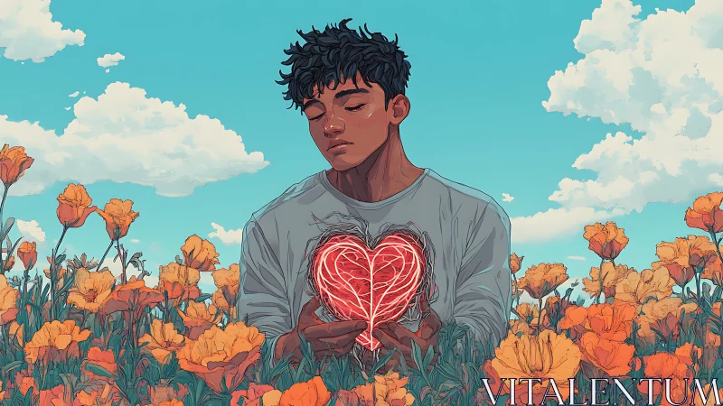 Glowing Heart in an Orange Bloom Garden.