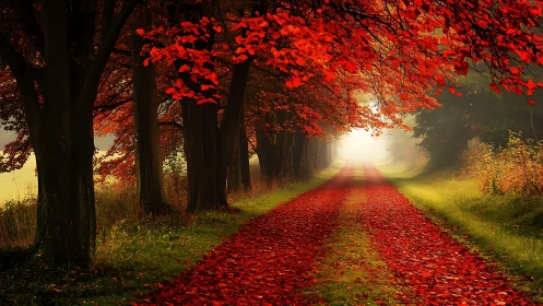 Tree-lined rural path extends into diffuse autumnal fog
