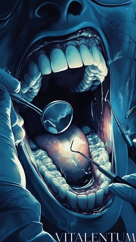 Dentist examines open mouth with tools under harsh lighting