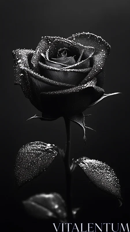 Black rose stem is shown in monochrome close-up view