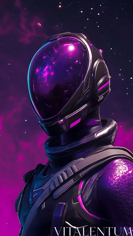 Iridescent cyber-astronaut portrait renders violet nebular glow