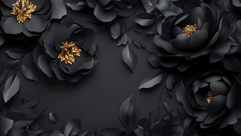 Black Peonies with Gold Stamens: Luxury Floral 3D Rendering.