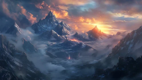 Fiery sunrise over icy fantasy mountain range landscape.