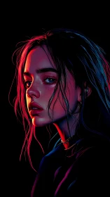 Neon-lit digital portrait of moody young woman profile.